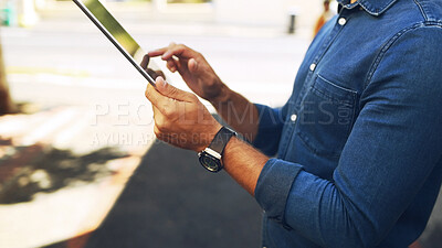 Buy stock photo Man, hands and browsing with tablet in city street  for research, social media or communication. Male person, scrolling and connection with technology for network, news or UI app in urban town