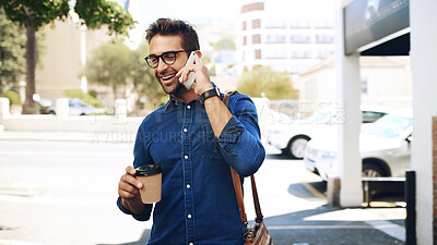Buy stock photo Phone call, commute and man travel with coffee, communication or chat. Happy, creative person with smartphone, networking and contact with mobile conversation for internship opportunity in city