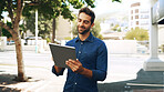 Businessman, smile or research with tablet in city for business updates, network or news. Travel, man or social media with technology or app for communication, online search or browsing in urban town