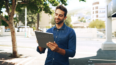 Buy stock photo Businessman, smile or research with tablet in city for business updates, network or news. Travel, man or social media with technology or app for communication, online search or browsing in urban town