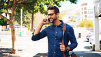 Creative, man and happy with phone call in city for good news, client partnership and networking. Commute, professional and speaking to contact on smartphone for startup deal, feedback or mobile chat