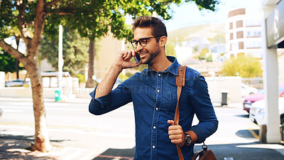 Buy stock photo Creative, man and happy with phone call in city for good news, client partnership and networking. Commute, professional and speaking to contact on smartphone for startup deal, feedback or mobile chat