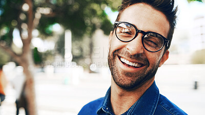Buy stock photo Portrait, man and laughing with glasses in city for vision, eyesight and prescription lens. Closeup, male person and eyewear with new frames for eye care, optical health and visual wellness in town