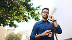 Phone call, commute and man travel with conversation, connection and coffee. Creative person, walk and networking with smartphone, contact and mobile communication for internship opportunity in city