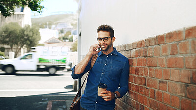 Buy stock photo Phone call, coffee and businessman in city for communication, connectivity or publishing update. Cellphone, contact and male magazine editor on mobile discussion with client in urban town for commute