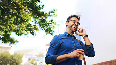 Buy stock photo Phone call, commute and man travel with laughter, connection or funny joke. Happy, creative person with smartphone, networking and contact with mobile conversation for internship opportunity in city