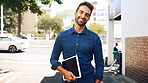 Creative man, portrait and smile with tablet in city for business updates, network or news. Travel, person or social media with tech or app for communication, online search or browsing in urban town