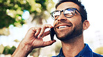 Phone call, nature and man outdoor with communication, contact or social networking with smile. Happy, technology and male person with glasses on cellphone for mobile conversation with update in park