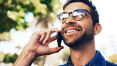 Buy stock photo Phone call, happy and man outdoor with communication, contact or social networking with smile. Outdoor, technology and person with glasses on cellphone for mobile conversation with update in park.