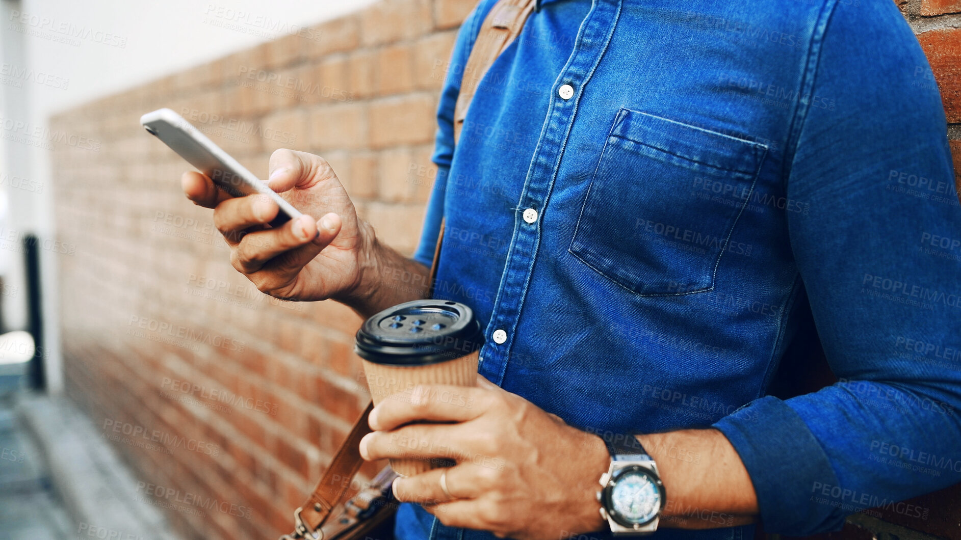 Buy stock photo Man, hands and phone with coffee, typing message and email or post on internet for commute outside. Smartphone, communication and networking with social media, online schedule and morning drink