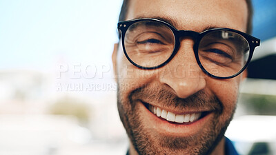 Buy stock photo Smile, glasses and portrait of man in city for eye care, optometry and vision health. Prescription lenses, optical frames and ophthalmology with person face outdoor for spectacles, space and wellness