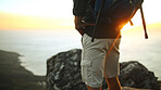 Hiking, person and view of mountain with backpack for sightseeing, travel adventure and scenery. Space, backpacker and conquer trekking journey with holiday trip, exploring nature or sunrise on cliff