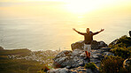 Ocean, mountains and man with open arms, portrait and excited with fitness, challenge and nature. Environment, hiker and person with happiness, exercise and seaside with break, water or achievement