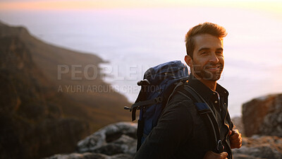 Buy stock photo Happy man, portrait or hiking on mountain sunset with backpack for outdoor adventure or journey. Male person, hiker or smile with bag or scenic view on cliff for trekking, fitness or travel on space