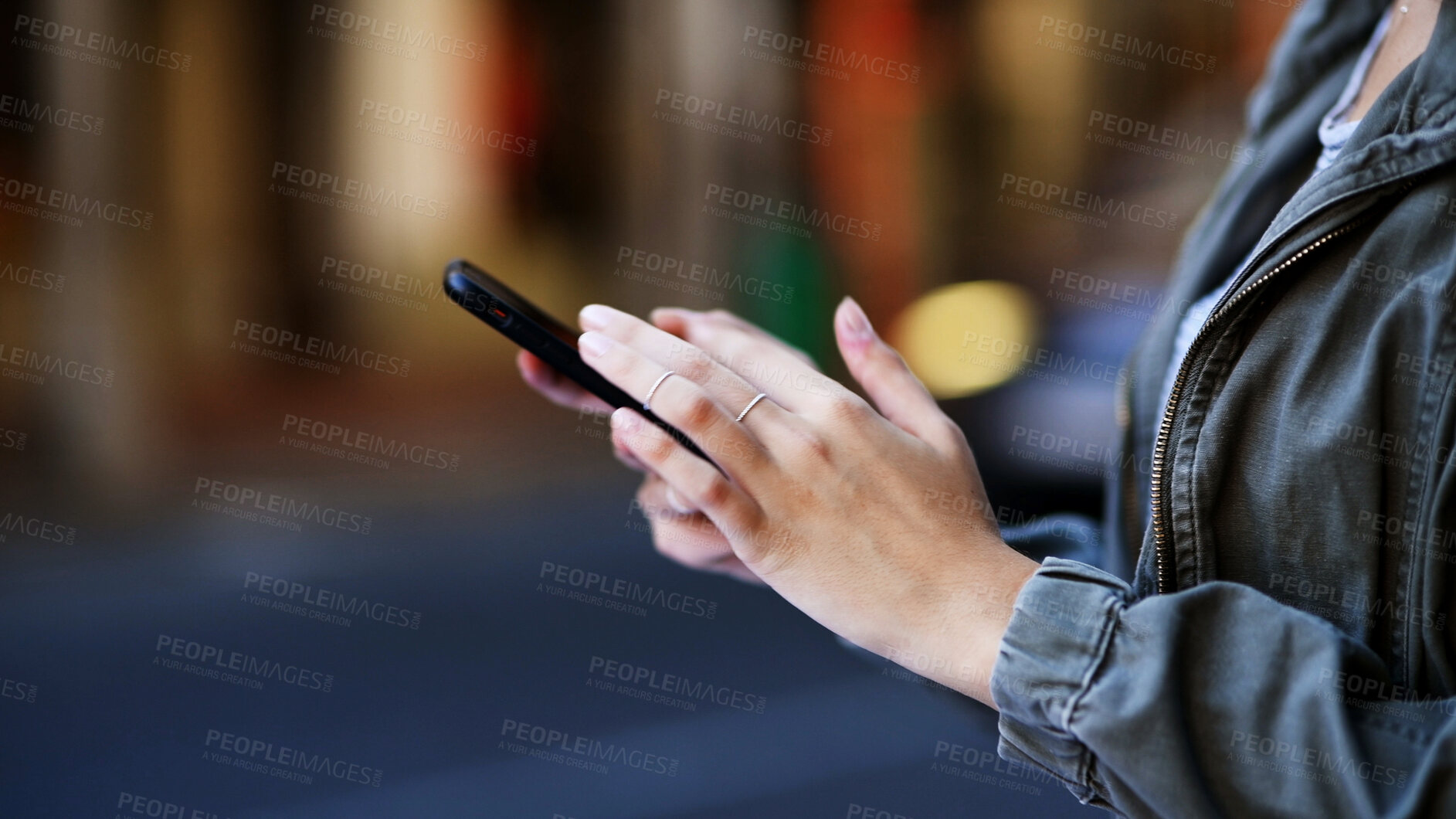 Buy stock photo Phone, hands and woman in city with networking, contact or social media blog for travel. Technology, communication and female person with cellphone for text on mobile app in urban town for holiday.