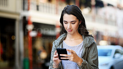 Buy stock photo Typing, internet and woman with smartphone, outdoor and message to contact, texting and email. Travel, person and mobile with cellphone, social media or connection with online reading or city journey