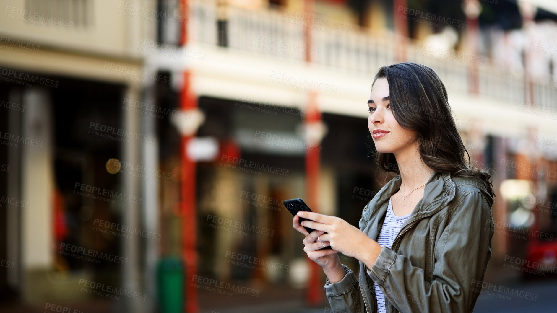 Buy stock photo Thinking, internet and woman in city, smartphone and message to contact, travel or email. Outdoor, person or student with cellphone, social media or connection with communication, chatting or journey