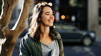 Buy stock photo Happy woman, tourist and travel in city street for funny sightseeing, adventure or outdoor journey. Female person, photographer or tourism with smile for new destination or location in urban town