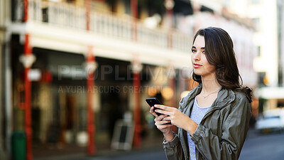 Buy stock photo Travel, student and woman in city, cellphone and message to contact, internet and email. Outdoor, person and mobile user with smartphone, social media and connection with app for location or texting