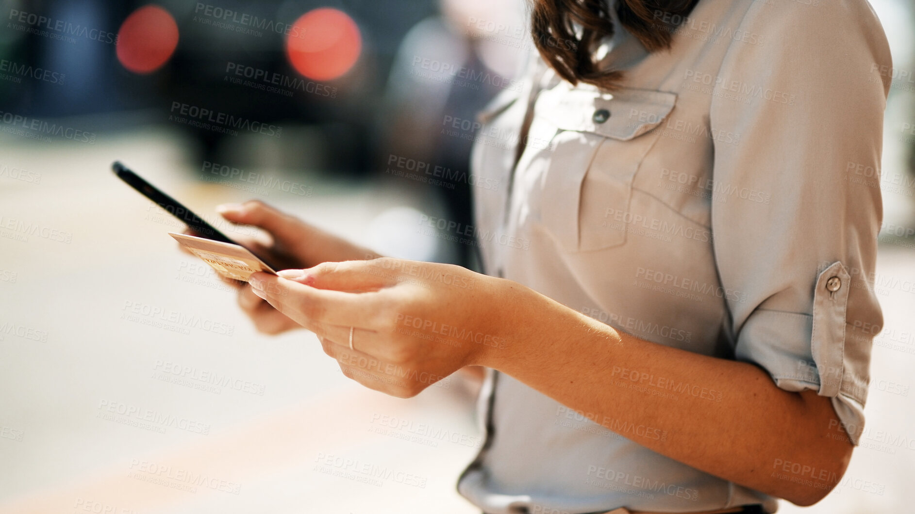 Buy stock photo Woman, hands or phone with credit card for online banking, payment or shopping app in city. Bokeh, shopper or ecommerce with mobile smartphone or debit for remote transaction in an urban town