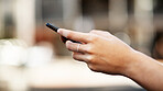 Hands, person and typing with phone outdoor for direction search, online navigation and web scroll. Connection, mobile user and smartphone in city for social networking, internet map or communication