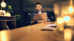 Night, business and man in office, tablet and smile with graphic designer, internet and web proposal. Person , evening and employee in workplace, tech and app for creative project and online reading