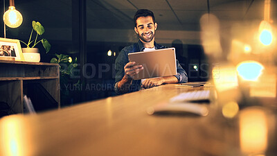 Buy stock photo Night, business and man in office, tablet and smile with graphic designer, internet and web proposal. Person , evening and employee in workplace, tech and app for creative project and online reading