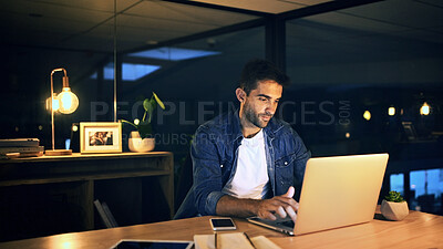 Buy stock photo Office, night and businessman with laptop for editing, proofreading and website for news article. Late, male person and journalist with digital for blog deadline, typing story and online publication
