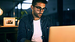 Office, glasses and businessman with laptop for research, proofreading and deadline for news story. Night, male person and journalist with technology for blog website, editing and online publication