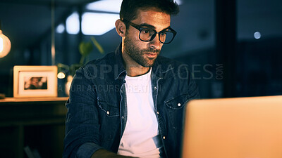 Buy stock photo Office, glasses and businessman with laptop for research, proofreading and deadline for news story. Night, male person and journalist with technology for blog website, editing and online publication