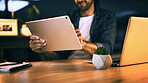 Tablet, hands and businessman at night for graphic designer career with design software at desk. Male employee, creative project and technology for typography or visual information for web layout