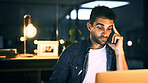 Thinking, man and laptop in office at night for planning, creative ideas and proofreading article. Journalist, digital and thoughts for research, decision and editing story for publication deadline