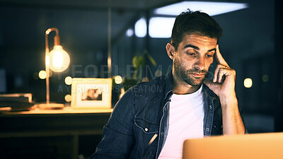 Buy stock photo Thinking, man and laptop in office at night for planning, creative ideas and proofreading article. Journalist, digital and thoughts for research, decision and editing story for publication deadline