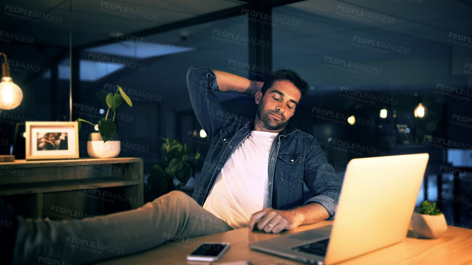 Buy stock photo Laptop, wait and business man in night office for research, copywriting deadline or project. Bored worker, frustrated and editor with fatigue, burnout or exhausted for editing news article online