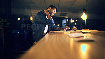 Buy stock photo Laptop, neck pain and programmer at night for research, web design deadline or office project. Creative worker, administrator and fatigue for overtime, update or burnout for website article online