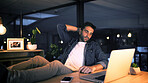Laptop, fatigue and business man in night office for research, copywriting deadline or project. Bored worker, frustrated and editor with wait, burnout or exhausted for editing news article online