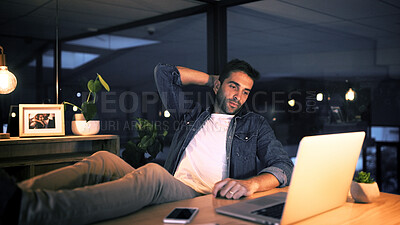 Buy stock photo Laptop, relax and businessman with break in office for night research, copywriting deadline or project. Bored worker, tired and editor with wait, low energy or overtime for news article online