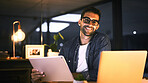 Office, smile and businessman with tablet in portrait, proofreading and deadline for news article. Night, male person and journalist with laptop for blog website, story research or online publication