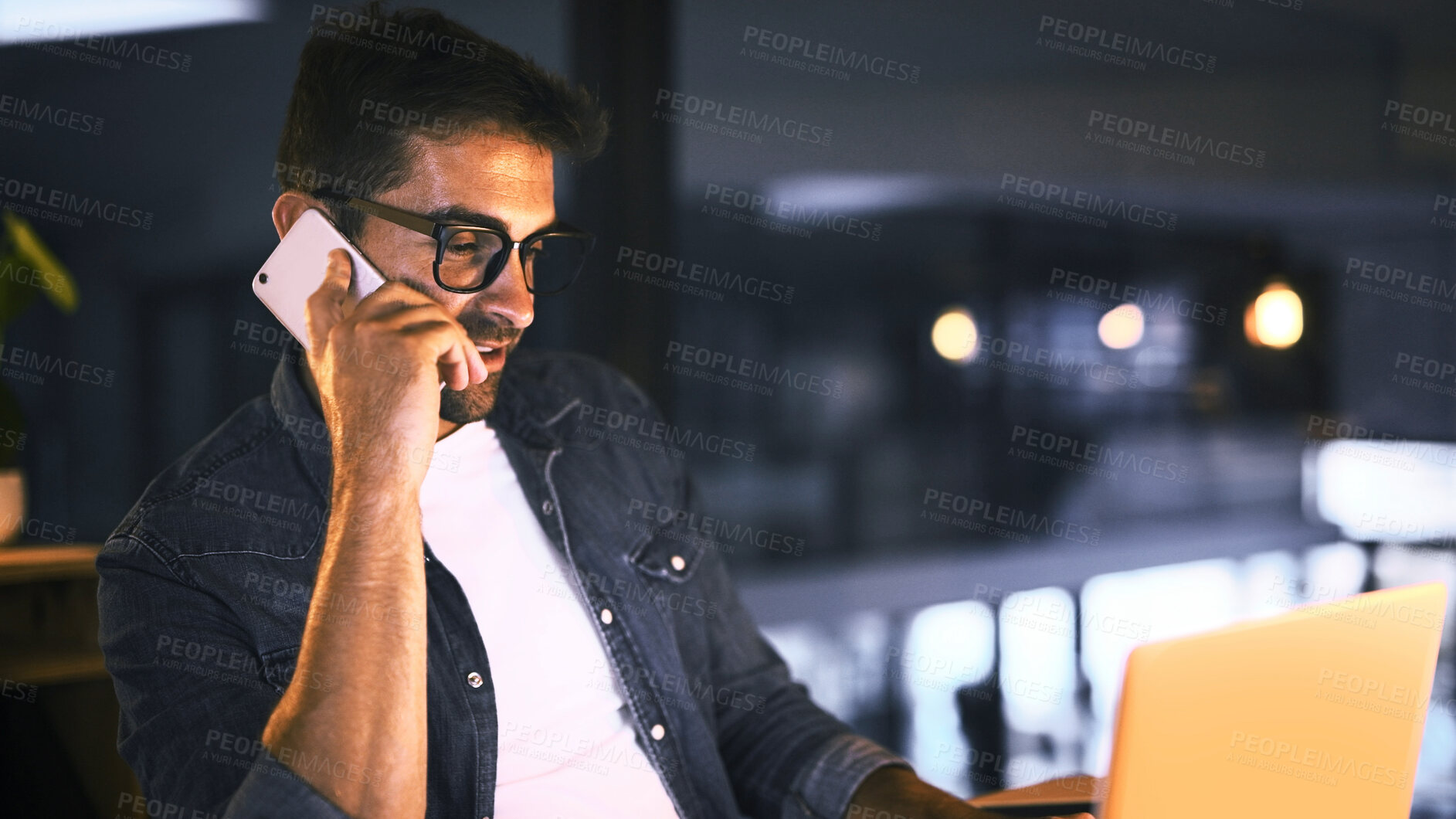 Buy stock photo Laptop, phone call and businessman in office for research, copywriting deadline or night project. Creative worker, writer or editor with overtime, update or discussion for editing news article online