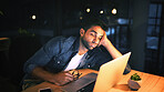 Laptop, bored and business man in night office for research, copywriting deadline or project. Tired worker, frustrated and editor with fatigue, burnout or exhausted for editing news article online