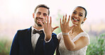 Hands, wedding rings and portrait of couple with marriage, bonding and connection together at event. Happy, love and bride with groom at romance ceremony with jewelry for loyalty, trust or commitment