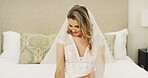 Bride, dress and waiting in bedroom for wedding day, lace or bridal fashion with marriage or formal ceremony. Elegant, veil with traditional outfit and ready for commitment, woman and happy in house
