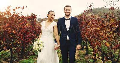 Buy stock photo Couple, vineyard and holding hands at wedding with bouquet, love and excited with commitment in nature. People, bride and groom with flowers, smile and loyalty with marriage event at farm in Italy