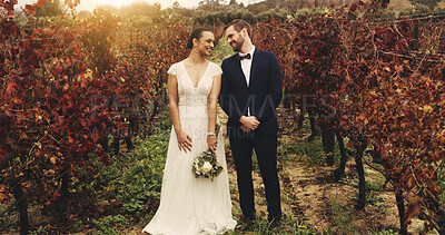 Buy stock photo Couple, vineyard and happy at wedding with bouquet, love and excited with commitment in nature. People, bride and groom with flowers, smile and trust with marriage, loyalty and relationship in Italy