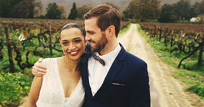 Buy stock photo Portrait, bride and love for groom, outdoor or commitment for couple in nature, marriage or embrace. Happy, man and bonding with woman on wedding day, together and smile for ceremony, hug and romance