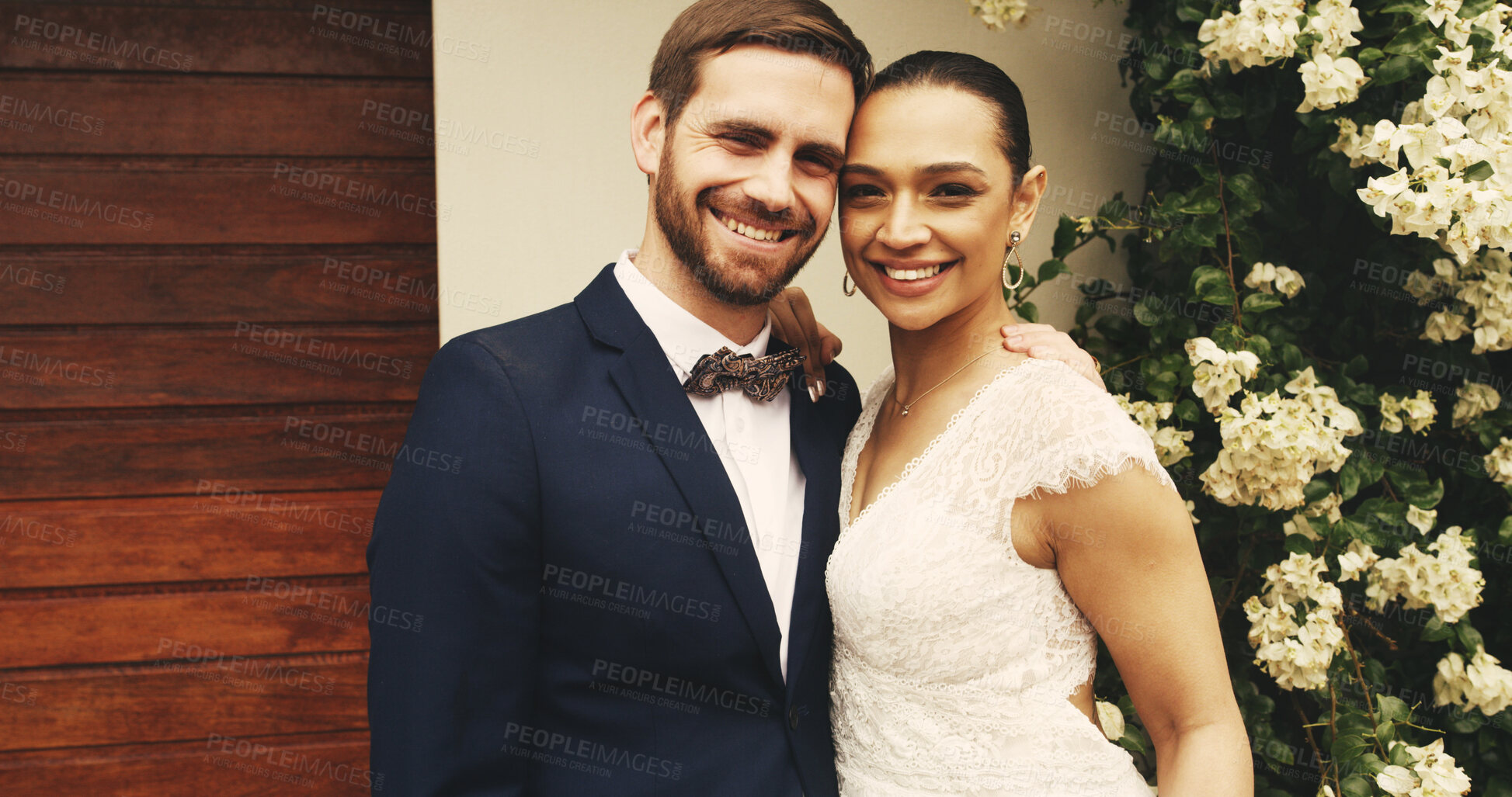 Buy stock photo Wedding, ceremony and couple with portrait outdoor for marriage celebration, milestone and loyalty. Relationship, happy people and embrace by home for event, romance and union of love with support