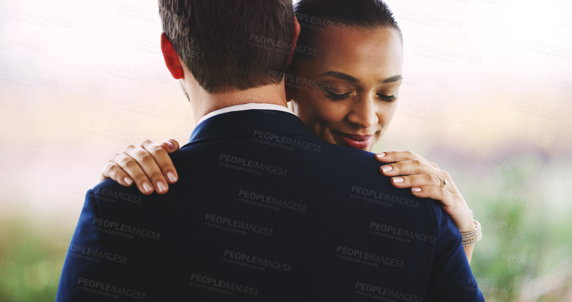 Buy stock photo Couple, wedding or marriage with hug for love, commitment or embrace at romantic ceremony. Man, woman or bride and groom with smile, safety or security for care, support or comfort together in nature