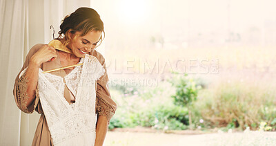 Buy stock photo Happy woman, bride and choice for wedding dress in home, fitting preparation and admire style. Bridal fashion, marriage gown and clothes for matrimony, decision and getting ready for event with space