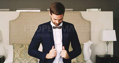 Buy stock photo Man, groom and getting ready with suit for wedding preparation, engagement or ceremony at home. Male person, marriage and fashion with tuxedo for clothing tradition, formal style or culture at house