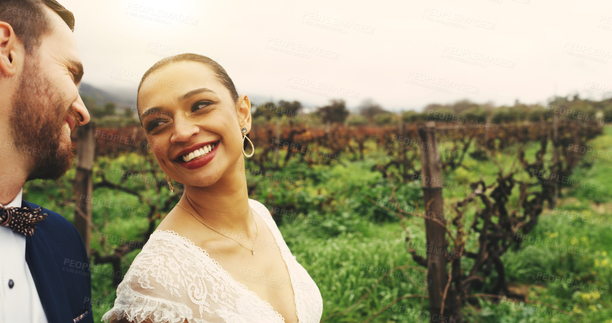 Buy stock photo Wedding, smile and love with couple in nature for celebration, support and happy. Marriage ceremony, partner and commitment with man and woman walking in countryside for romance and event